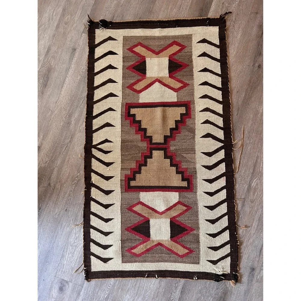 Vintage Southwest Handwoven Wool Rug Navajo Style Tribal Earth Tones 51x28.5